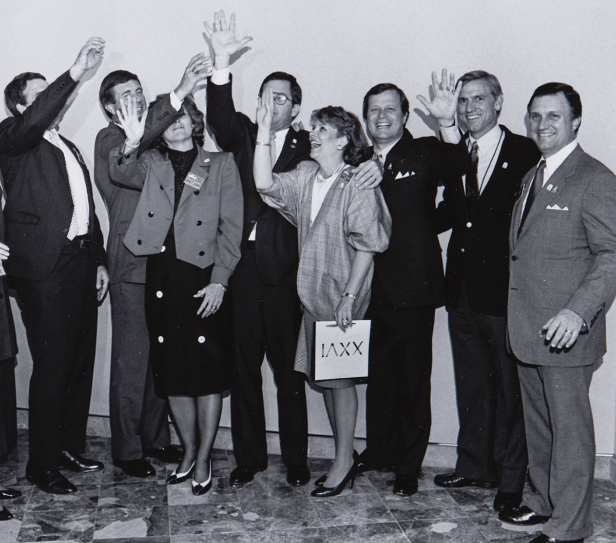 Charlie Shaffer, Tim Christian, Ginger Watkins, Billy Payne, Cindy Fowler, Charlie Battle, Horace Sibley, and Peter Candler in 1987