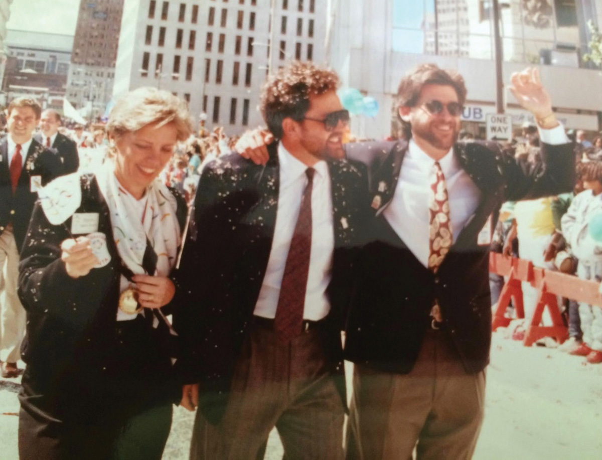 Olympic bid volunteer Dory Watkins, George Hirthler, and Brad Copeland at the 1990 downtown Atlanta parade celebrating the city's winning Olympic bid