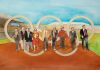 a watercolor illustration of Bobby Rearden, Charlie Shaffer, Charlie Battle, Linda Stephenson, Tim Christian, Horace Sibley, Ginger Watkins, Andrew Young, and Billy Payne walk the “first lap” of the 1996 Olympics