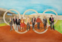 Where are they now? The faces behind Atlanta’s Olympic miracle, 30 years later a watercolor illustration of Bobby Rearden, Charlie Shaffer, Charlie Battle, Linda Stephenson, Tim Christian, Horace Sibley, Ginger Watkins, Andrew Young, and Billy Payne walk the “first lap” of the 1996 Olympics