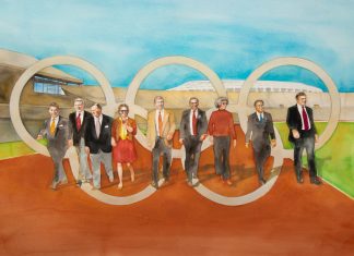 Where are they now? The faces behind Atlanta’s Olympic miracle, 30 years later a watercolor illustration of Bobby Rearden, Charlie Shaffer, Charlie Battle, Linda Stephenson, Tim Christian, Horace Sibley, Ginger Watkins, Andrew Young, and Billy Payne walk the “first lap” of the 1996 Olympics