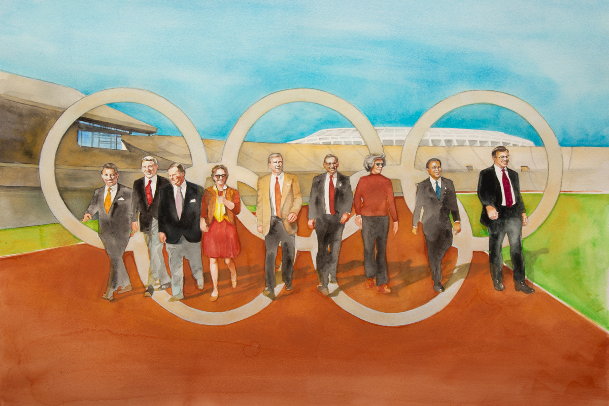 a watercolor illustration of Bobby Rearden, Charlie Shaffer, Charlie Battle, Linda Stephenson, Tim Christian, Horace Sibley, Ginger Watkins, Andrew Young, and Billy Payne walk the “first lap” of the 1996 Olympics
