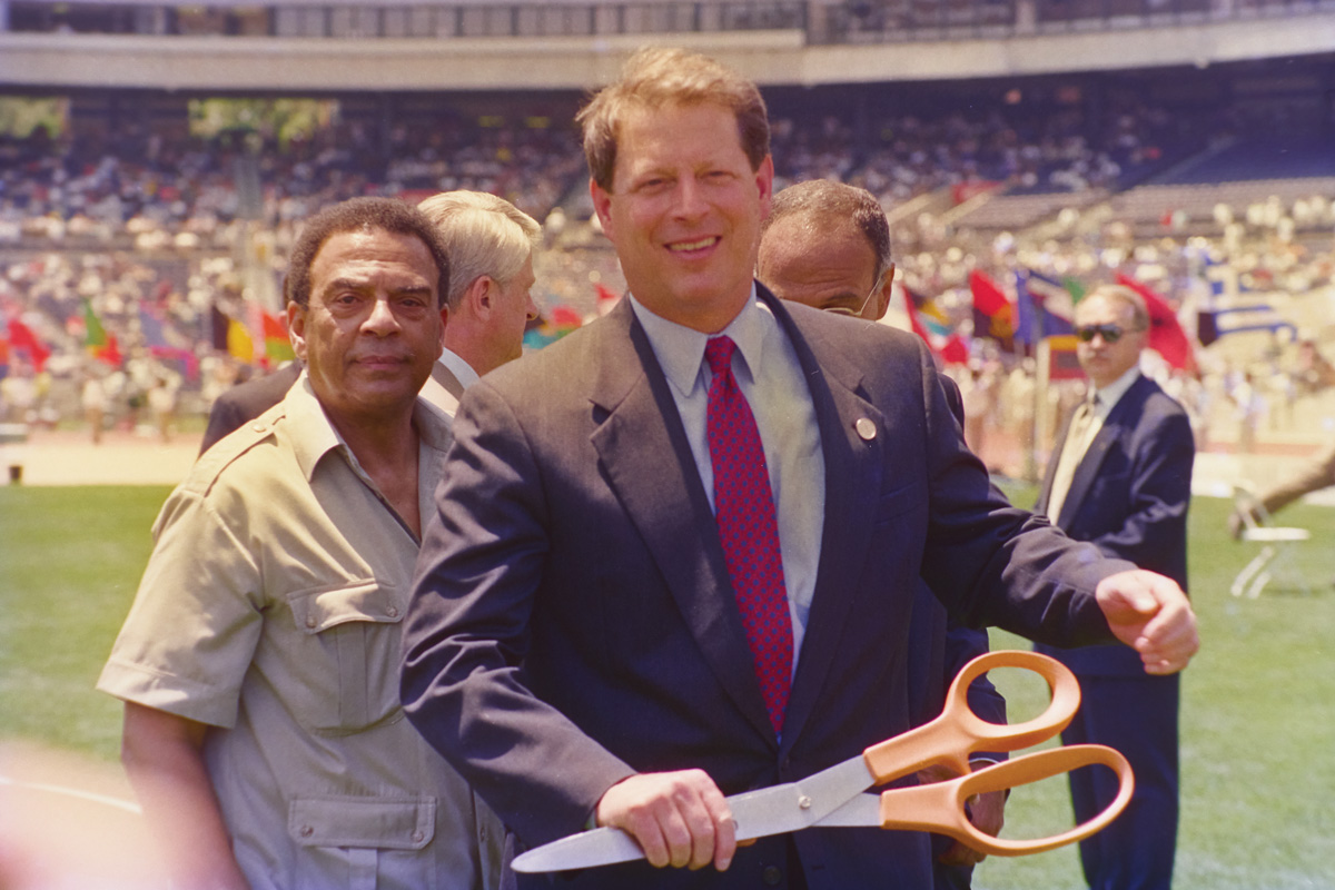 Mayor Andrew Young with Vice President Al Gore at the opening of the Olympic Stadium in 1996