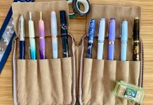 Club member Emily Wong’s collection of fine pens, tucked in a tan suede zipper case