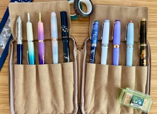 Club member Emily Wong’s collection of fine pens, tucked in a tan suede zipper case