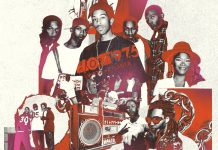 The radio station Ludacris helped build a purple, orange, and cream colored illustration of various iconic hip hop and rap musicians