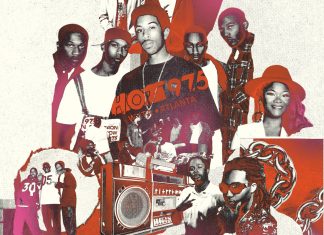 The radio station Ludacris helped build a purple, orange, and cream colored illustration of various iconic hip hop and rap musicians
