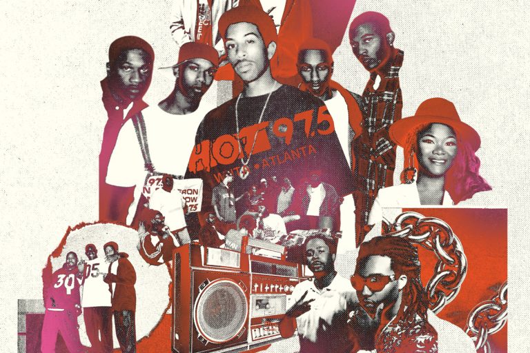 a purple, orange, and cream colored illustration of various iconic hip hop and rap musicians