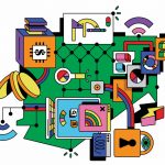 Illustration of Georgia's technology industry featuring artificial intelligence, cybersecurity, fintech, health technology, software development, and data centers.