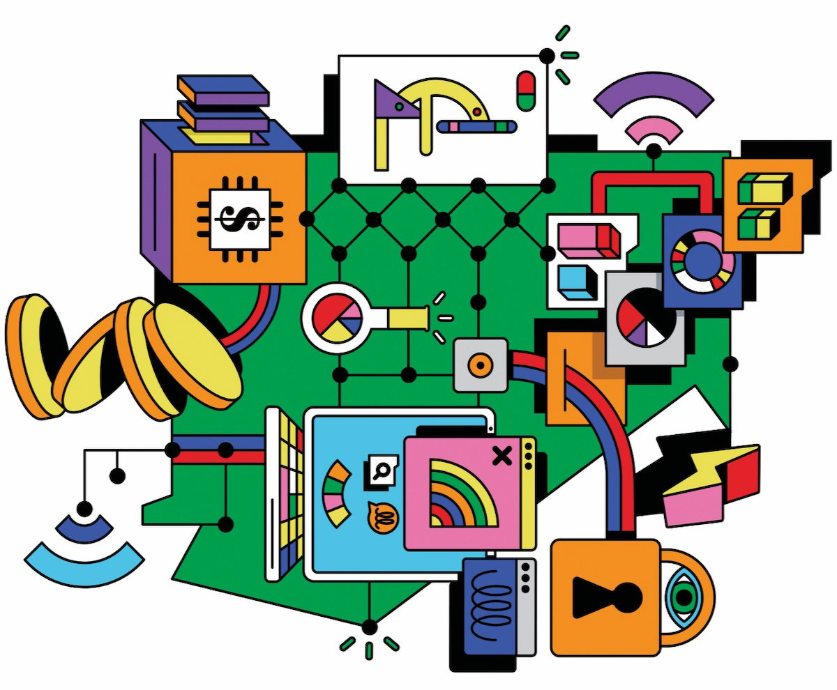 Illustration of Georgia's technology industry featuring artificial intelligence, cybersecurity, fintech, health technology, software development, and data centers.