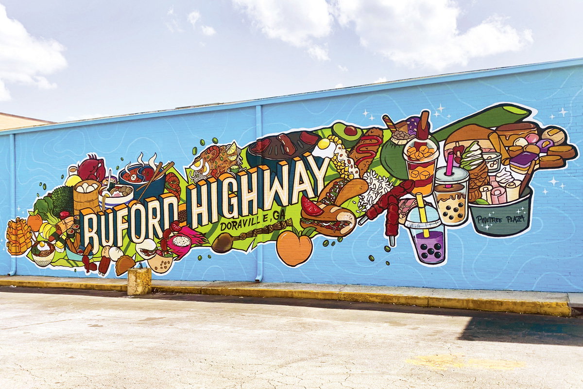 Buford Highway mural at Pinetree Plaza by artist Leah Abucayan