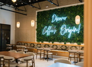 6 coffeehouses fueling Atlanta’s newfound love for Yemeni coffee A wall of plants with a neon sign reads "Discover Coffee's Origin!"