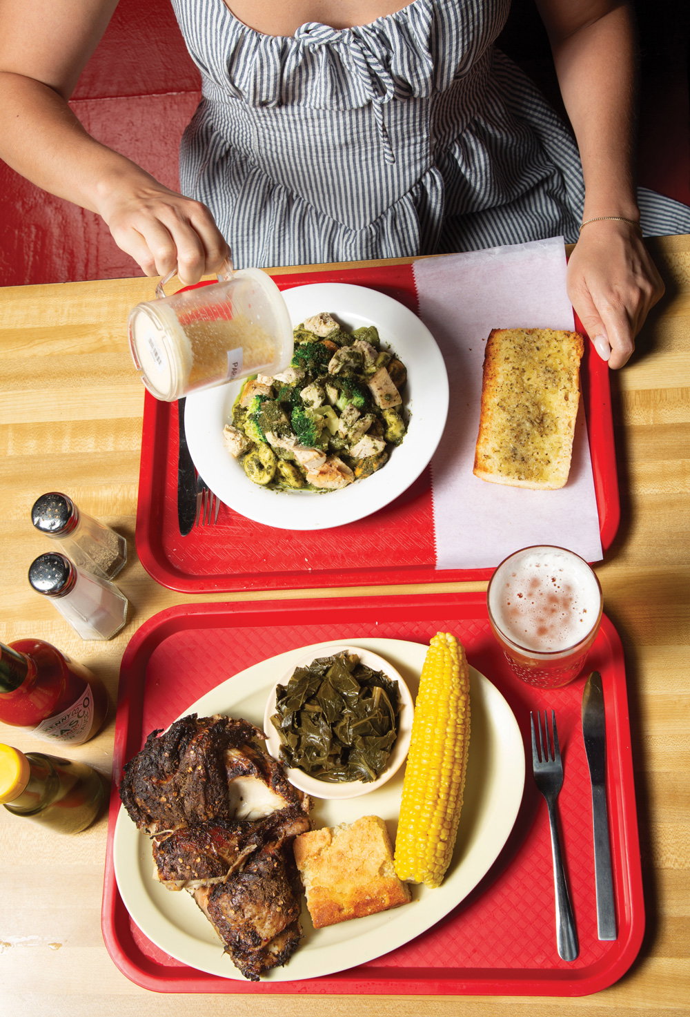 Eats offers pasta and standbys like jerk chicken with veggies and cornbread