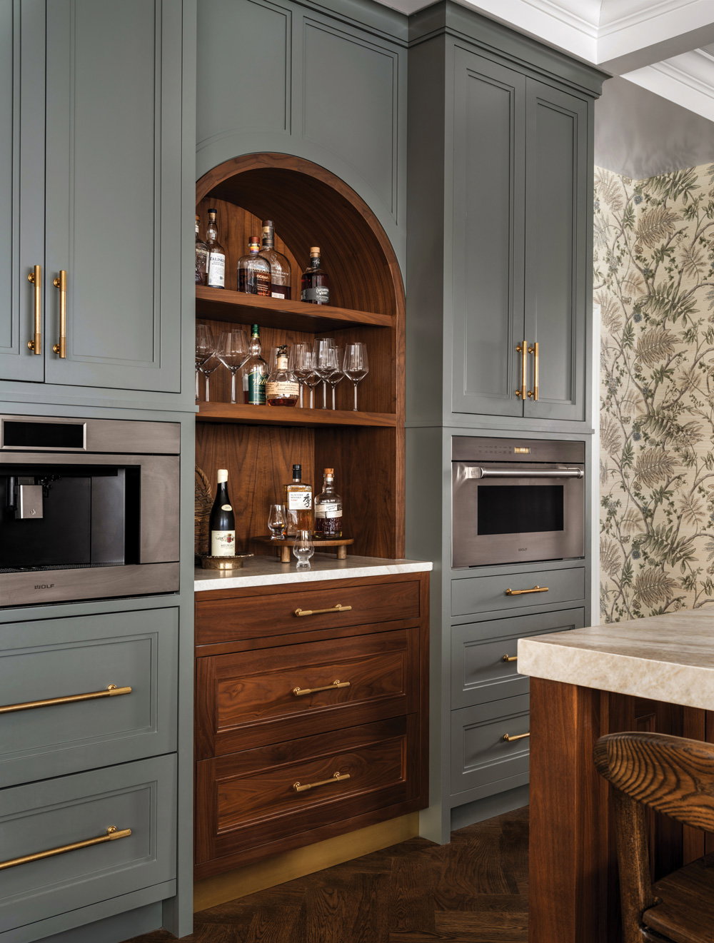 a rustic kitchen's wooden bar area