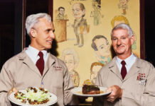 Atlanta’s 10 Best Steakhouses: Bones A server, Aaron, and John Wenger smile and hold plates of food