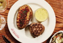Atlanta’s 10 Best Steakhouses: Highland Tap A steam and baked potato with a side of vegetables on a plate