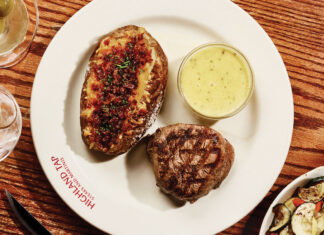 Atlanta’s 10 Best Steakhouses: Highland Tap A steam and baked potato with a side of vegetables on a plate