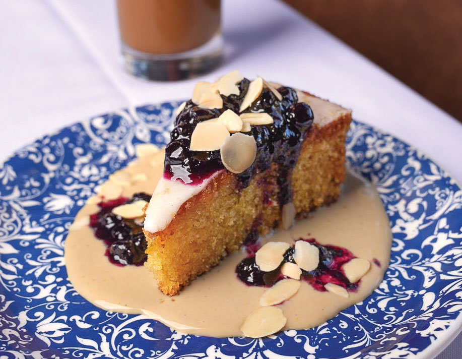 Lemon curd pudding cake covered with jelly sauce