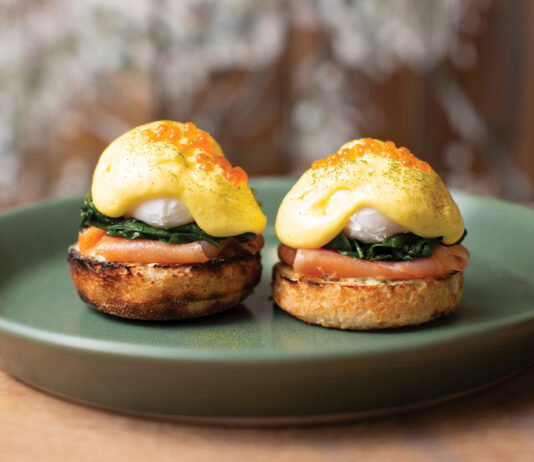 smoked salmon, eggs, and hollandaise on housemade English muffin