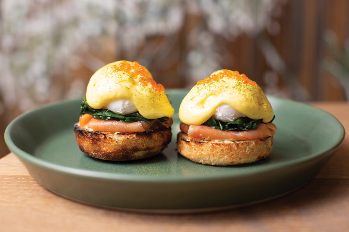 smoked salmon, eggs, and hollandaise on housemade English muffin