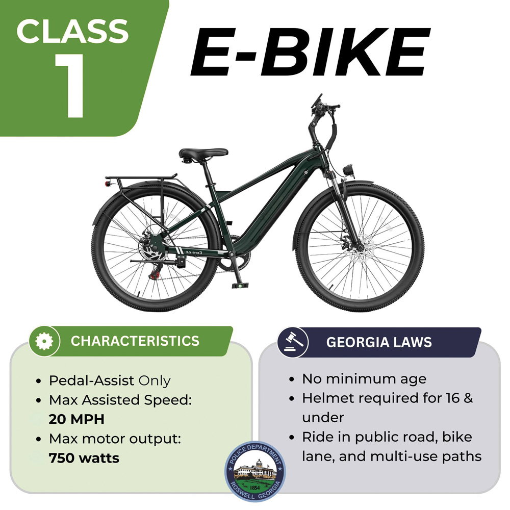 Class 1 e-bike. Characteristics: Pedal-Assist only, max assisted speed of 20 MPH, max motor output of 750 watts. Georgia laws: No minimum age, helmet required for 16 & under, ride in public road, bike line, and multi-use paths