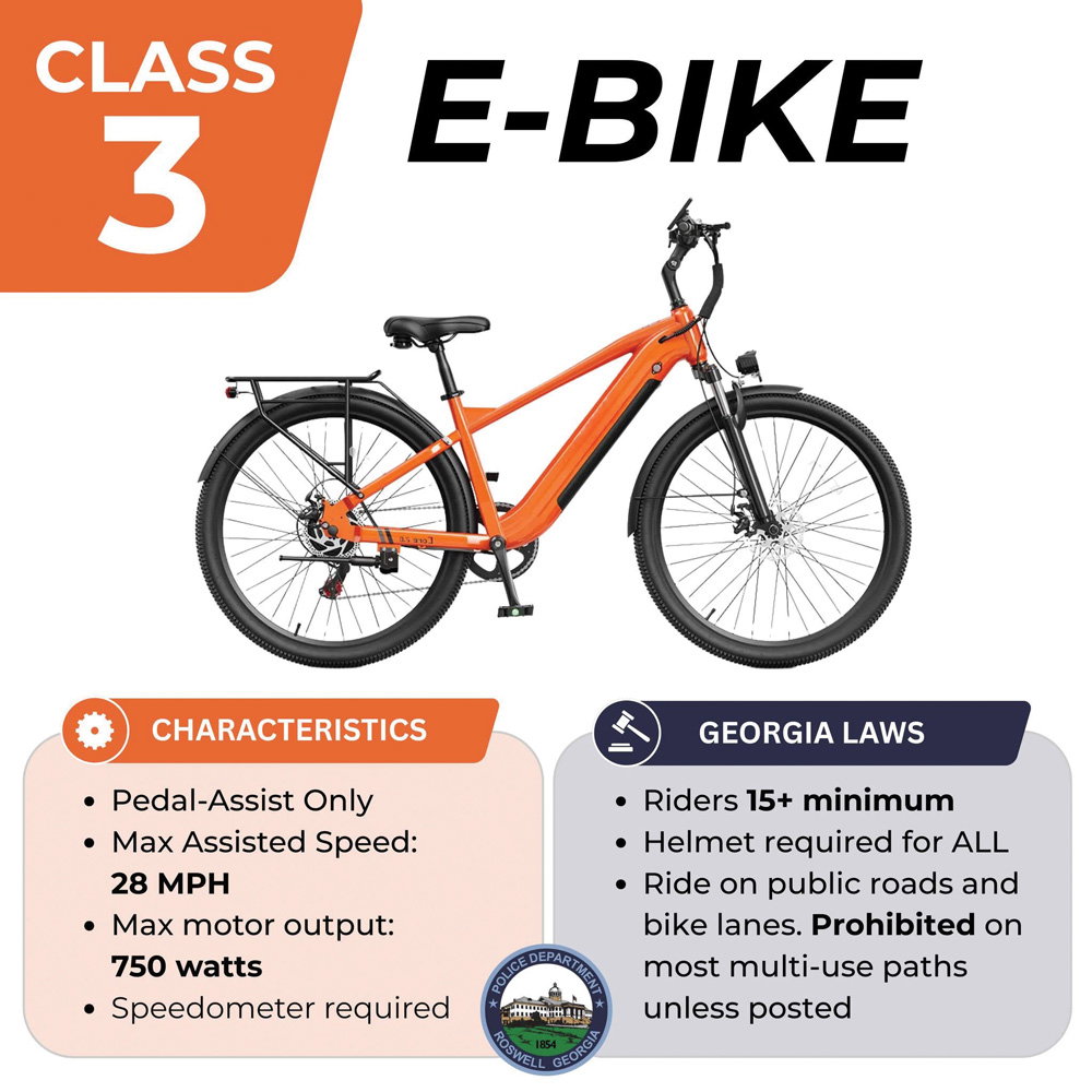 Class 3 e-bike. Characteristics: pedal-assist only, max assisted speed of 28 MPH, max motor output of 750 watts, speedometer required. Georgia Laws: riders 15+ minimum, helmet required for all, ride on public roads and bike lanes. Prohibited on most multi-use paths unless posted.