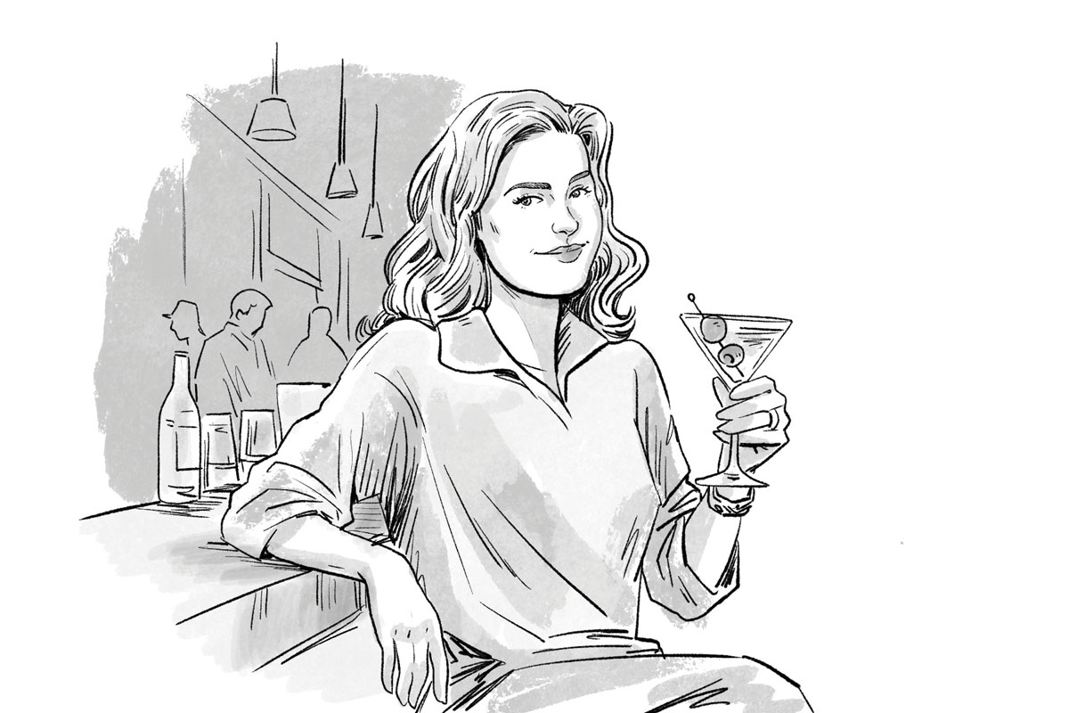 An illustration of Allison Entrekin holding a martini at a bar